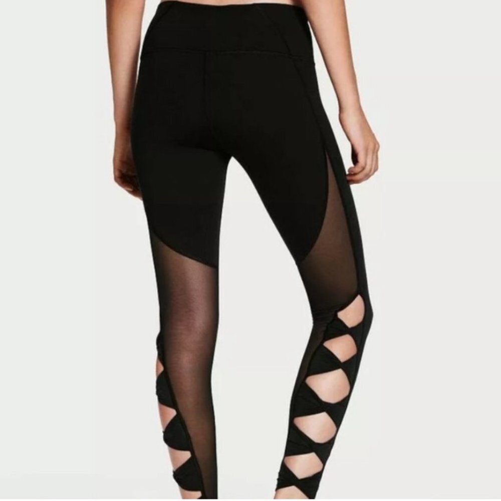 Victoria's Secret Black & Ribbon Mesh Cutout Total Knockout Leggings